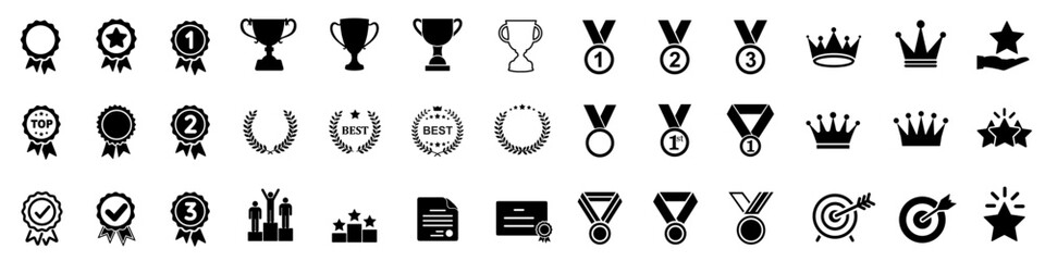 set of winning award and prize icons, trophy reward, victory trophy signs depicting an award, victor