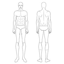 Male Fashion Model Standing, Front, And Back Views. Nine-head Fashion Figure Template. Handsome Young Man, Vector Line Illustration. Man Fashion Sketch.