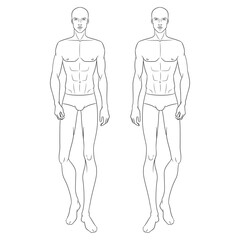 Wall Mural - Male fashion model walking on the podium. Nine-head fashion figure template. Handsome young man, vector line illustration. Man fashion sketch.