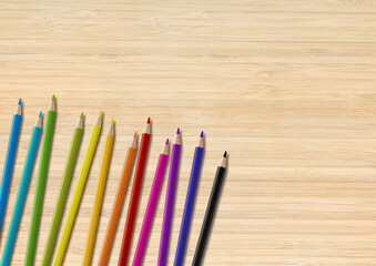 Poster - Colored pencil group isolated on wooden background. Horizontal background