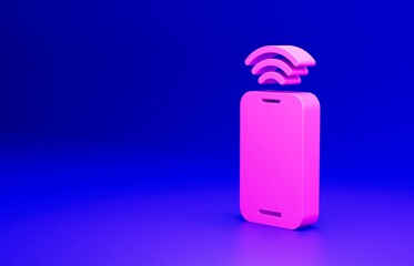 Sticker - Pink Smartphone with free wi-fi wireless connection icon isolated on blue background. Wireless technology, wi-fi connection, wireless network. Minimalism concept. 3D render illustration