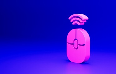 Poster - Pink Wireless computer mouse icon isolated on blue background. Optical with wheel symbol. Minimalism concept. 3D render illustration