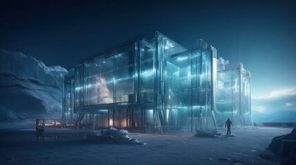 Architecture bade from ice, city inside an glacier, shiny ice buildings, generative ai