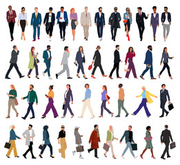 Set of Various business people walking. Modern men and women different ethnicities, ages and body types in smart casual and formal office outfits with phone, briefcase, bags. Vector isolated.