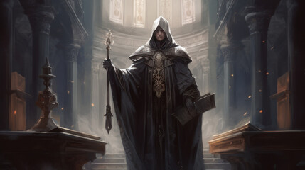 Old priest in long coat with cape in church, fantasy visualisation of priest, generative ai