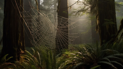 Enormous spider net in forest, generative ai