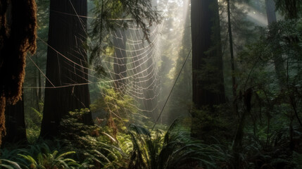 Enormous spider net in forest, generative ai