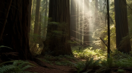 Enormous spider net in forest, generative ai