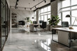 © STYNG - Modern open-plan office with marble flooring, desks, computers, without people.