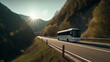 Tourist bus rides along the mountains. Generated by AI