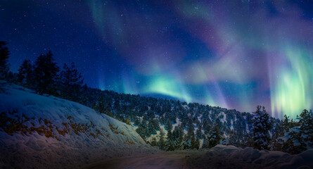 Wall Mural - beautiful winter landscape with snow and ice covered road - northern lights (aurora borealis) in the
