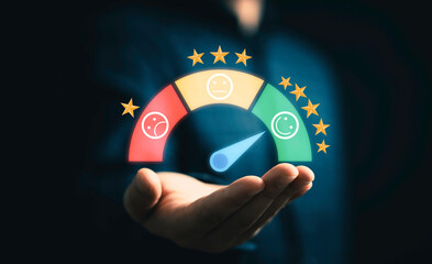 Poster - Customer holding virtual evaluation indicator rating since low to high for client excellent evaluate satisfaction after use product and service  concept.