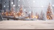Empty wooden table top with warm living room decor blur background with snow, Mock up banner for display of advertise product, Generative Ai