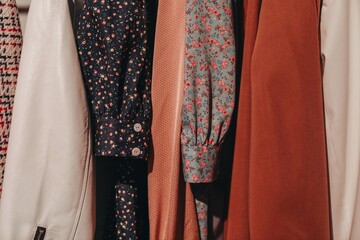 Poster - Designer fashion beige brown blue fancy outfits hanging in a row at the backstage Fashion week