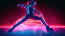 Figure Ice Skating Female Silhouette Neon Glowing Back Background, Beautiful Sport Image Of Neon Girl Shape Ice Skating On Solid Black Background, Translucent Running Woman Neon Lighting Generative AI