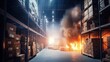 Warehouse fire with burning shelves racks, burning boxes with goods, big goods stock room in fire, black thick smoke in large warehouse, delay in delivery with large losses due to fire, generative AI