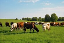 A Group Of Cows Grazing On A Green Pasture