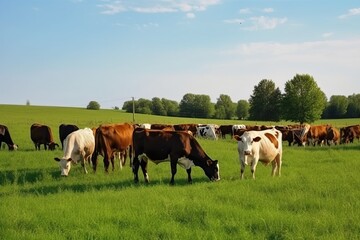 a group of cows grazing on a green pasture