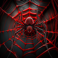 Wall Mural - Red and Black Spider Web.  Generative AI.
A digital painting of a red spider and its web with a black background.