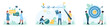 Business solution and goals set vector illustration. Cartoon tiny people choose between options, plan A and B scenario, mark points in timeline with pen, customers holding bullseye circle with arrow