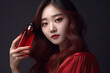 Asian model holding a luxury perfume bottle, Portrait beauty shot, For cosmetic advertisement, Generative AI