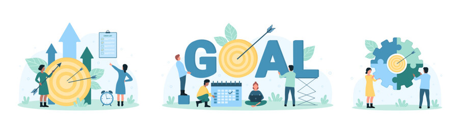 Team goal, management strategy set vector illustration. Cartoon tiny people plan progress in business challenge and career, characters holding arrows, puzzle circle target and calendar for teamwork