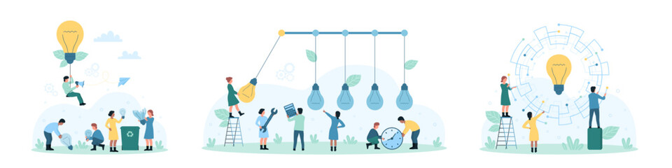 Good and bad ideas, leadership set vector illustration. Cartoon tiny people people collect broken light bulbs in trash can, work on circuit connection, leader with bright lamp solving business problem