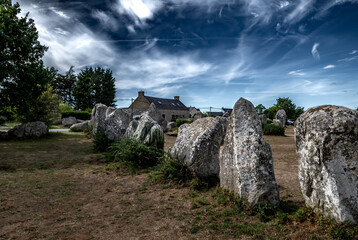 Ancient Stone Field Kerzerho Cruzuno With Neolithic Megaliths And Cottage Near Finistere Village Carnac In Brittany, France