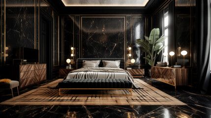 Modern luxurious bedroom interior, dark walls, generative AI.