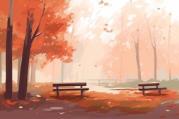 Poster - two empty benches under a tree in a serene park setting. Generative AI Generative AI