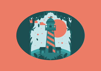 Poster - Colorful flat illustration of lighthouse in the forest