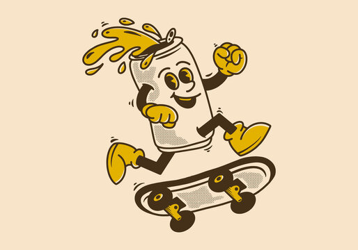 Mascot character design of beer can jumping on skateboard