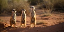 A Family Of Meerkats Standing On Their Hind Legs, Looking Out For Predators, Concept Of Animal Vigilance, Created With Generative AI Technology Generative AI