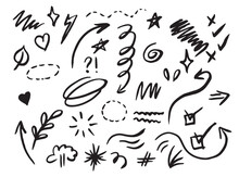 Vector Set Of Different Stars, Sparkles, Arrows, Hearts, Signs And Symbols. Hand Drawn, Doodle Elements Isolated On White Background