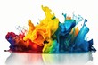 canvas print picture - Abstract Colorful Liquid Art: Dripped Paints Flow in Splashes of Blue, Yellow, Red & Green on Isolated White Background. Generative AI