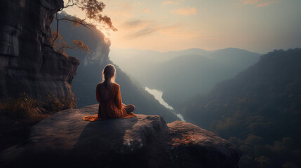 Poster - Woman meditating in the mountains. Generative AI