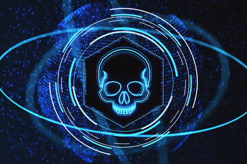 Glowing blue skull hologram on blurry dark background. Hacker system or cyber attack concept. Landing page. 3D Rendering.