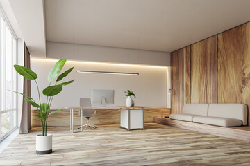 Clean concrete and wooden office interior with curtain, window with city view, workspace and furniture. 3D Rendering.