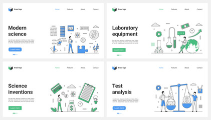 Wall Mural - Inventions in modern science, tests, analysis and laboratory equipment set vector illustration. Cartoon tiny people weigh money and test tube on scale, scientists research with lab instruments