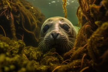 Poster - curious seal peeking out from a cave in a bed of seaweed. Generative AI Generative AI