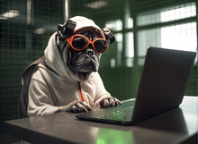 Cute Pug Dog With Hoodie. Concept Of Hacker, Busy Pet Or Work From Home.