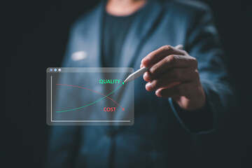 Fototapete - Cost analysis of business strategy and project management. Businessman using a virtual screen to monitor a quality control growth graph and cost reduction
