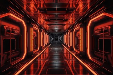 Poster - futuristic neon-lit hallway with a dark background. Generative AI Generative AI