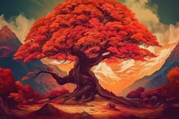 Poster - majestic tree standing against a mountainous backdrop. Generative AI Generative AI