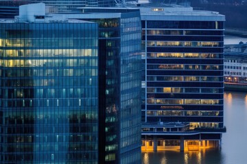 Poster - skyscrapers towering over a waterfront. Generative AI Generative AI
