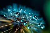 Fototapeta Kosmos - Dandelion Seeds in droplets of water on blue and turquoise beautiful background with soft focus in nature macro. Drops of dew sparkle on dandelion in rays of light. Created using generative AI.