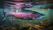 Large salmon fish swimming in river water to spawn and lay eggs during migration. generative AI