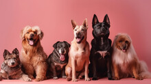 Group Of Dogs Of Various Shapes, Sizes, Age And Breed Together In Front Of An Isolated Pink Background. The Friendly Dog Is Ready For Adoption At An Animal Shelter. Generative AI