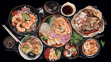 Vietnamese food in a bowls with chopsticks, shrimp, Ban Bao, pieces of meat and vegetables, soup. Watercolor illustration of Asian Vietnamese cuisine