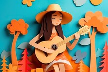 Girl Play Ukulele In Summer Vacation Paper Sculpture (Ai Generated)